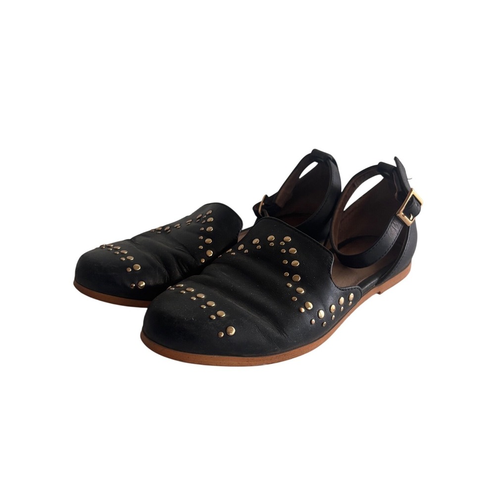 Anthropologie Black Leather Studded Ankle Strap d'Orsay Flats‎ Womens 6M